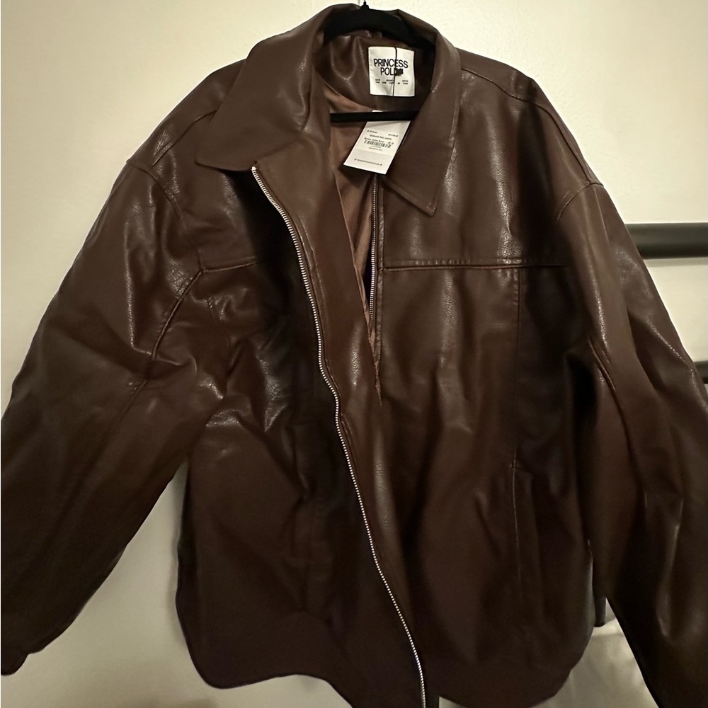 NWT Princess Polly Dark Brown Faux Leather Oversized Bomber Jacket
